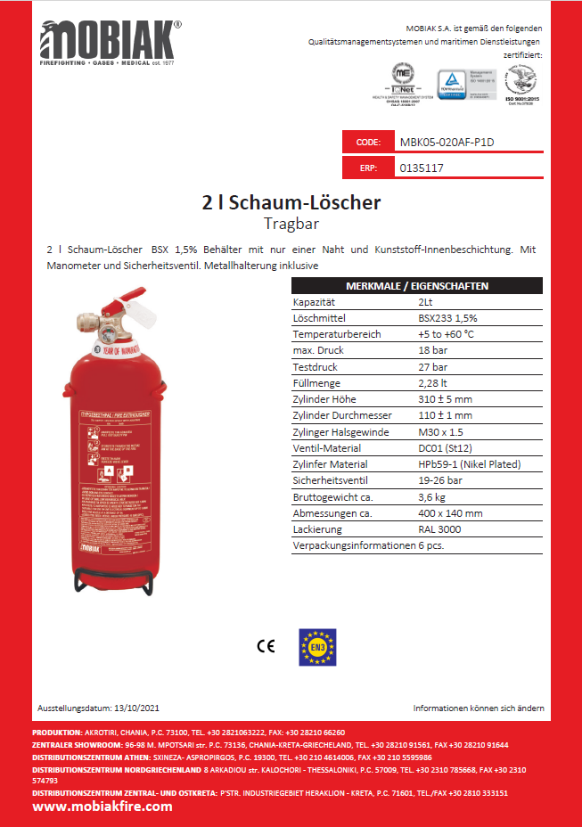 Schaumfeuerlöscher von MOBIAK - MBK05-020AF-P1D - Datenblatt