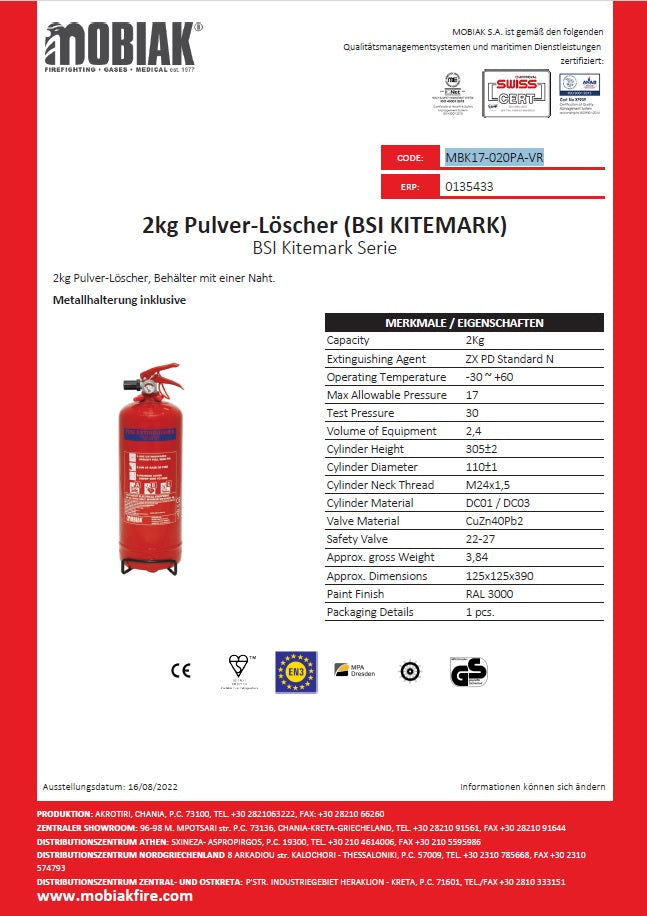 Feuerlöscher – MBK17-020PA-VR, 2 kg, Pulverlöscher, 13A, 89B, C