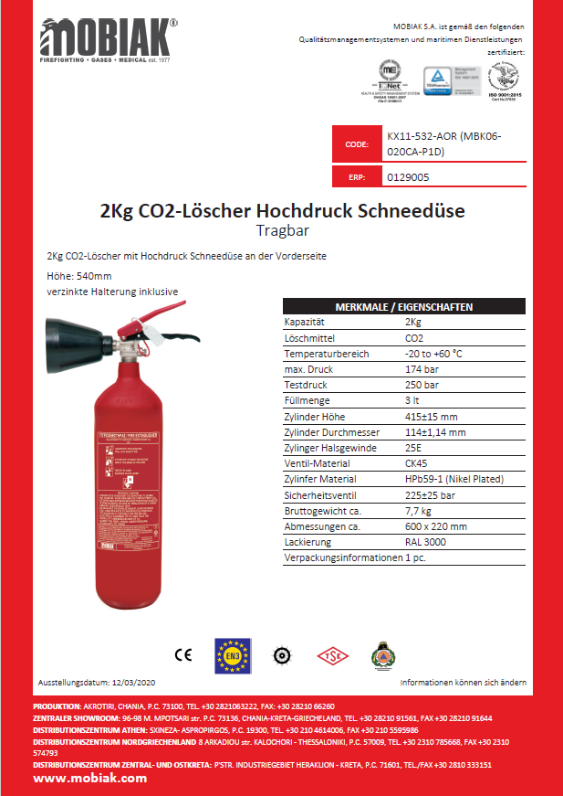 Produktbeschreibung MOBIAK KX11, 2 kg, CO2 Löscher