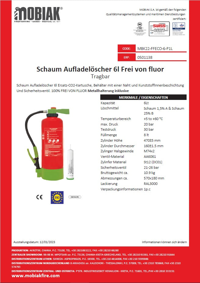 Produktdatenblatt Feuerlöscher Fluorfrei – MBK22-FFECO-6-P1L, 6 kg, ABF Schaumlöscher