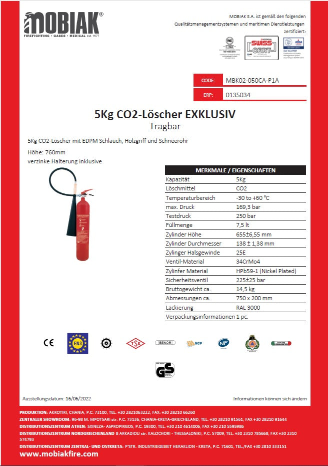 Produktbeschreibung - Feuerlöscher – MBK02-050CA-P1A, 5 kg, CO2 Löscher