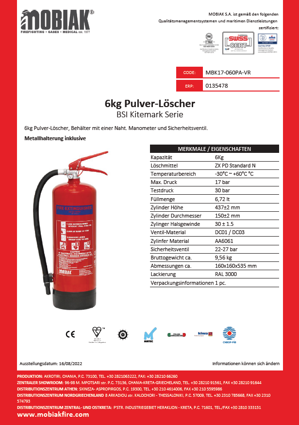 Produktdatenblatt - Feuerlöscher – MOBIAK MBK17-060PA-VR, 6 kg, Pulverlöscher, 34A, 233B, C
